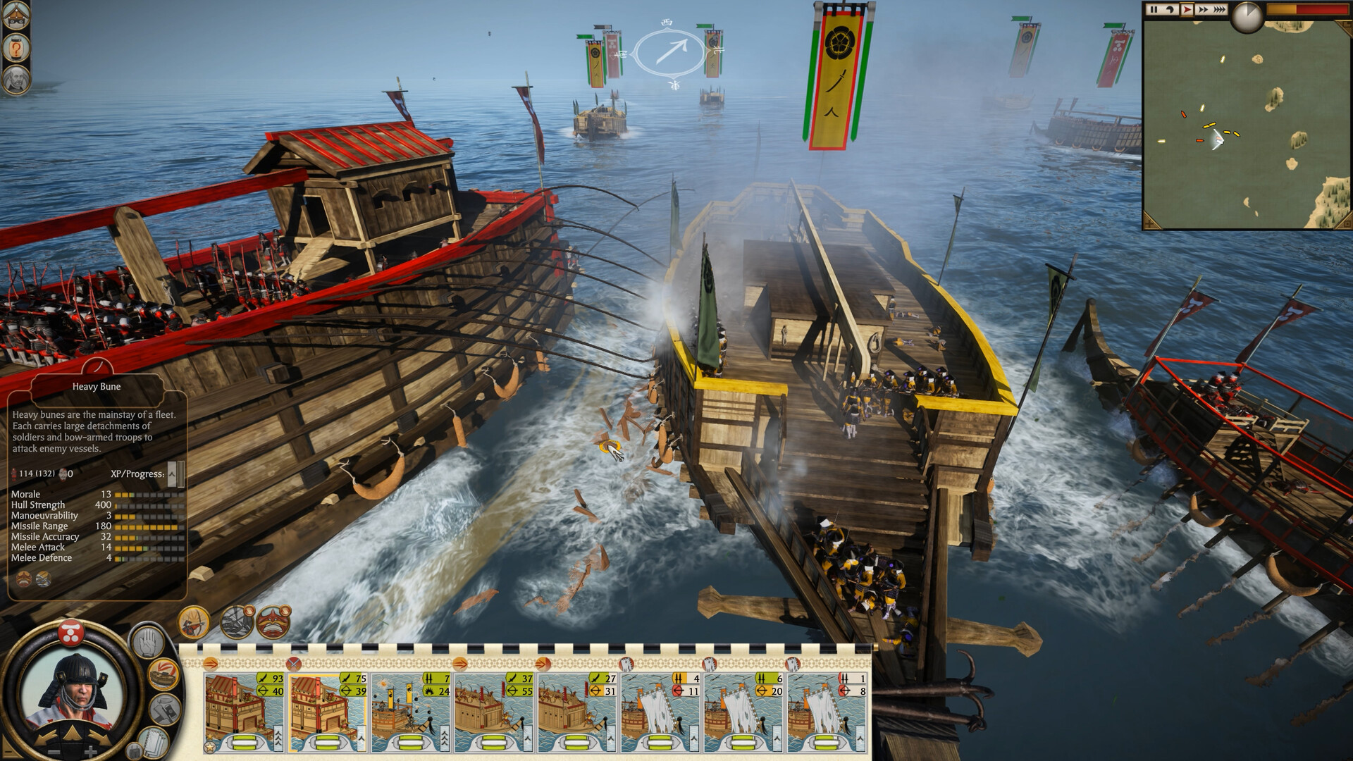 Steam screenshot of a naval battle with a heavy bune card open, ship portraits along the bottom, and a minimap of several vessels.
