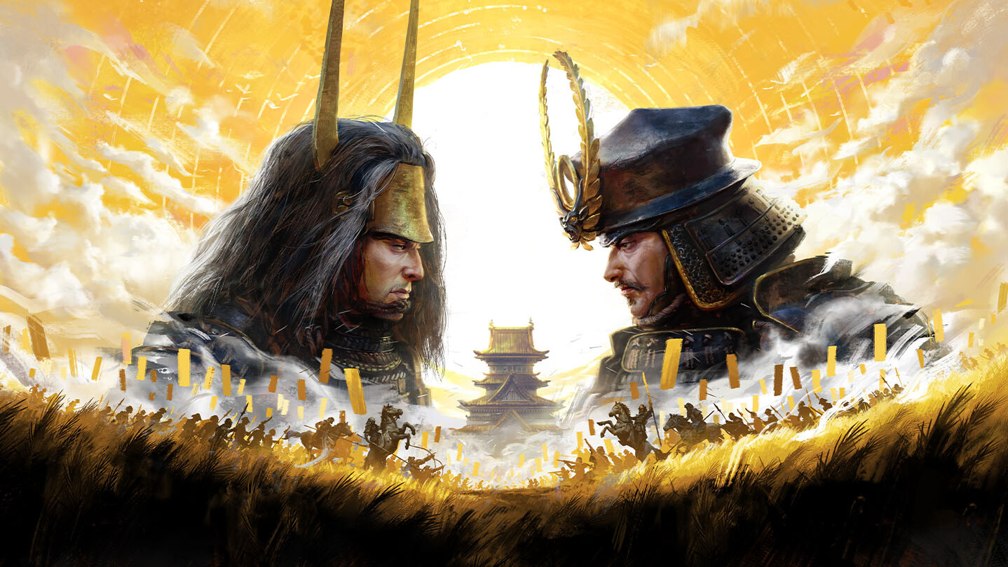 Steam store artwork of two armored commanders facing each other across a battlefield, with a castle under a gold sun.