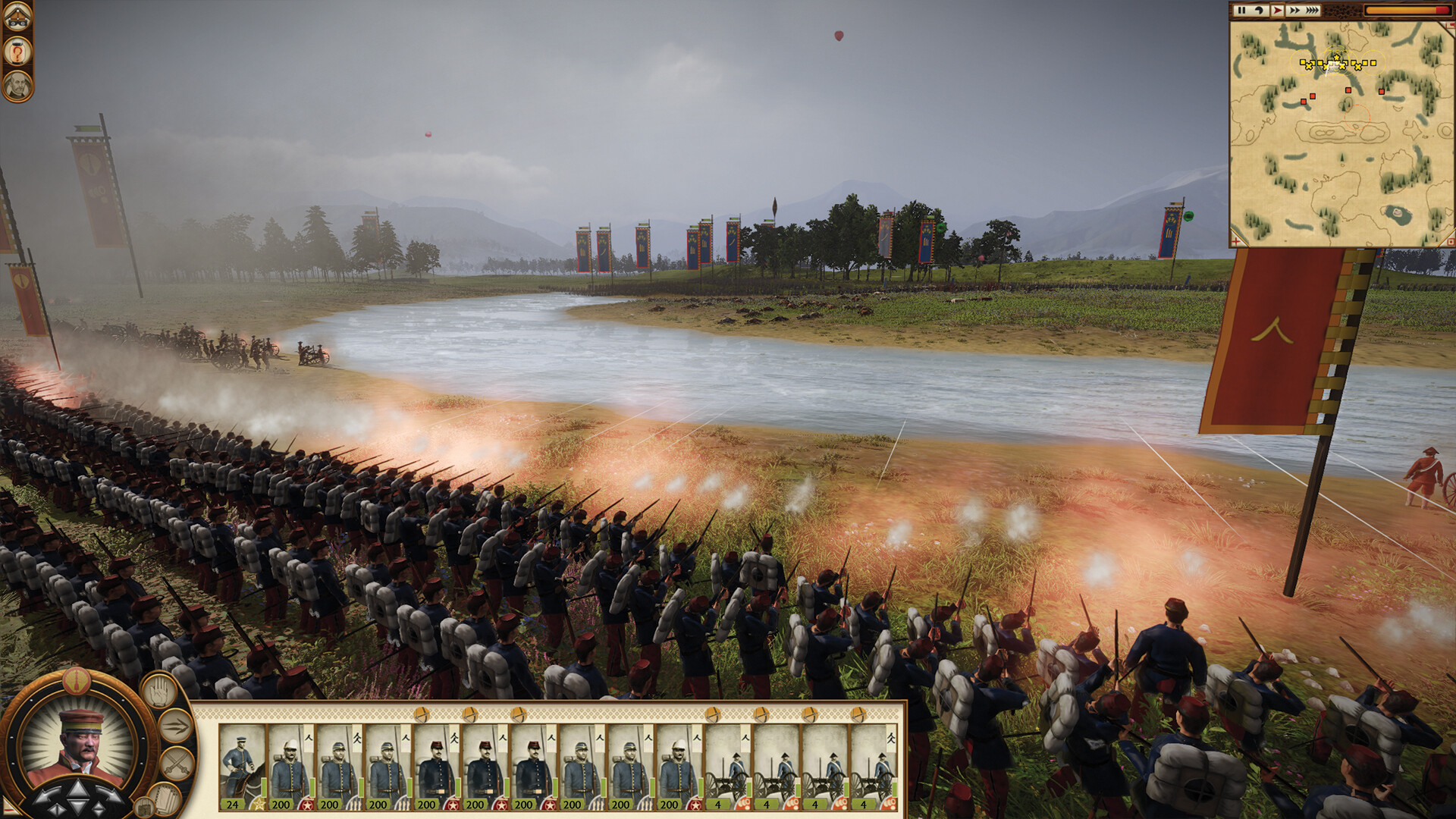 Steam screenshot of ranked rifle infantry in dark blue uniforms firing a volley across a river, with modern banners behind them.