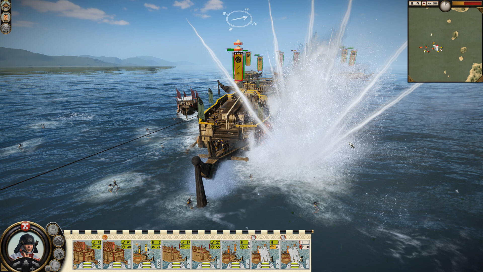 Steam screenshot of a wooden Japanese warship firing, with a tall splash beside the hull and a unit bar of ship cards along the bottom.